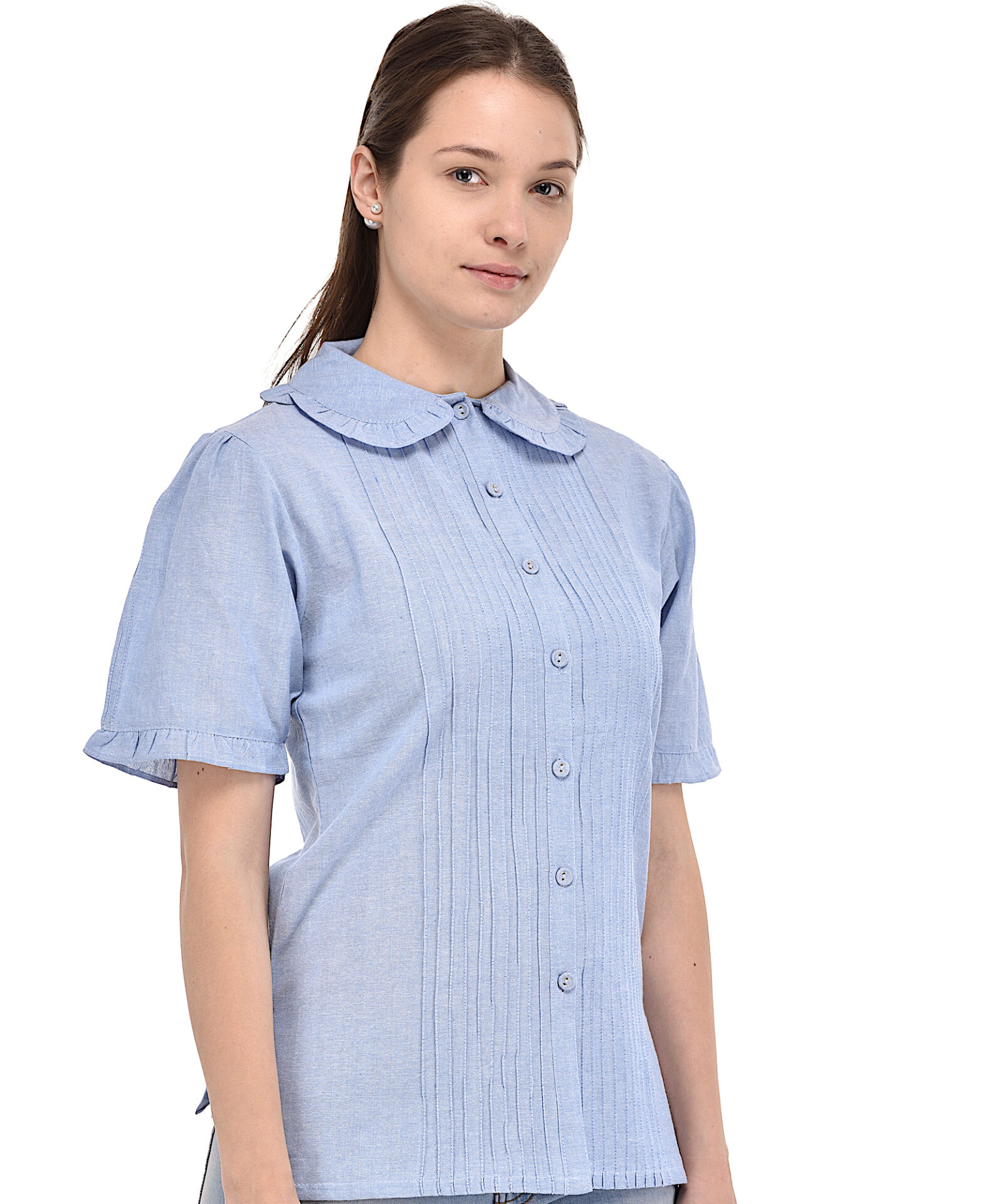 Pus Size Chambray Blouse with Ruffled Collar – Cotton Lane – London
